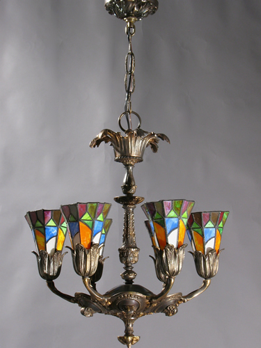 6-Light Bronze & Leaded Glass Rams Head Chandelier